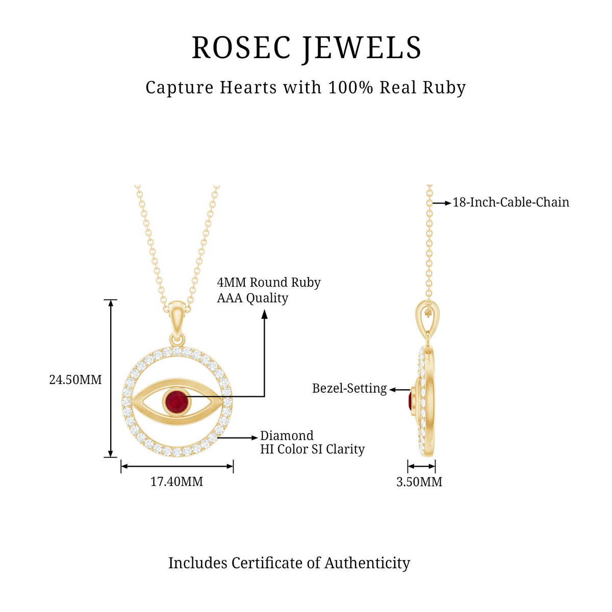 Real ruby and diamond evil eye pendant necklace from Rosec Jewels, featuring vibrant red ruby and sparkling diamonds.