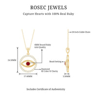 Real ruby and diamond evil eye pendant necklace from Rosec Jewels, featuring vibrant red ruby and sparkling diamonds.