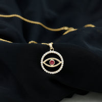 Real ruby and diamond evil eye pendant necklace from Rosec Jewels, showcasing vibrant gemstones and intricate design.