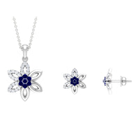 Created Blue Sapphire Flower Jewelry Set with Diamond