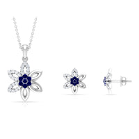 Created Blue Sapphire Flower Jewelry Set with Diamond