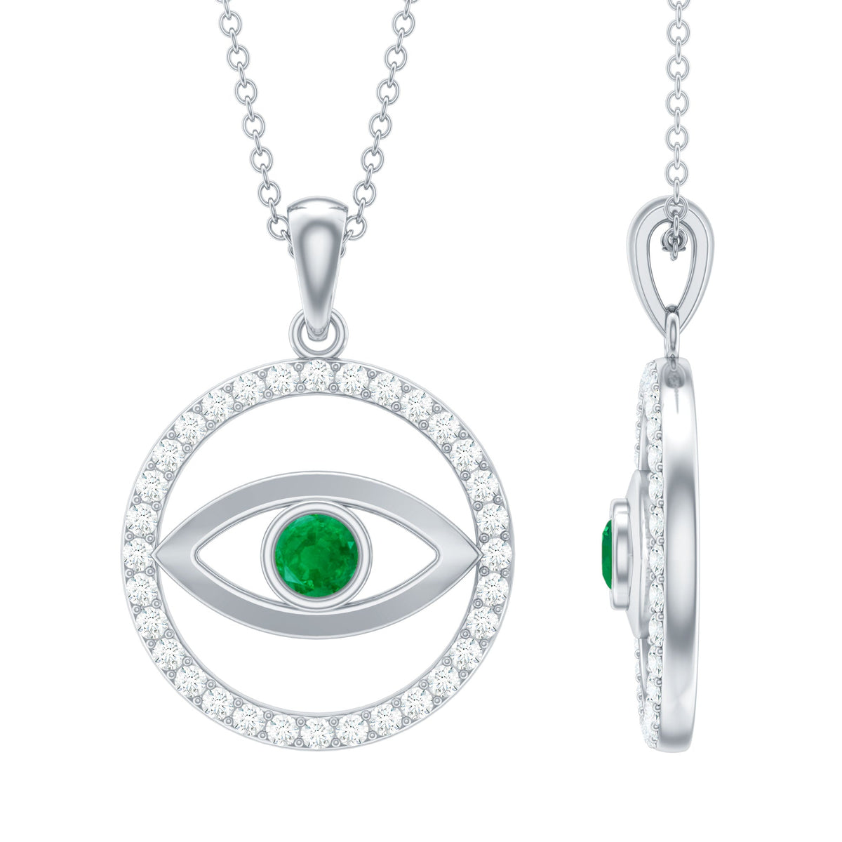 Real emerald and diamond evil eye pendant necklace featuring a detailed pendant with vibrant emeralds and sparkling diamonds.