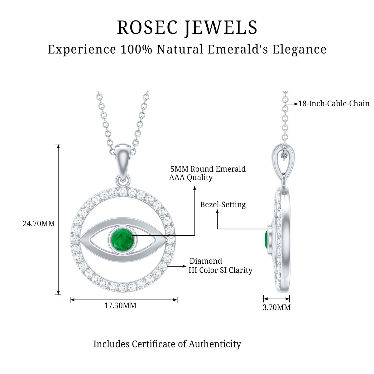 Real emerald and diamond evil eye pendant necklace from Rosec Jewels featuring a vibrant green emerald and sparkling diamonds.