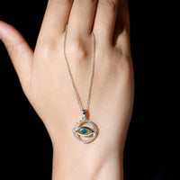 Real emerald and diamond evil eye pendant necklace from Rosec Jewels featuring vibrant green emeralds and sparkling diamonds.