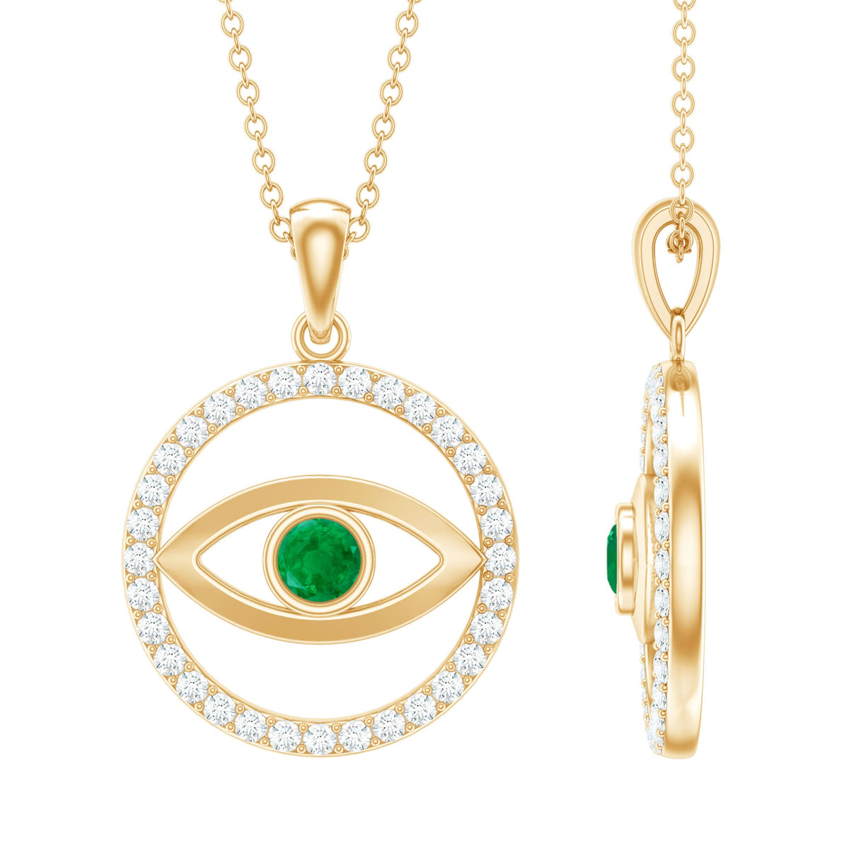 Real emerald and diamond evil eye pendant necklace by Rosec Jewels featuring a vibrant green emerald and sparkling diamonds.