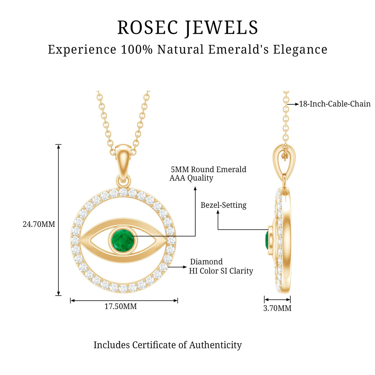 Real emerald and diamond evil eye pendant necklace from Rosec Jewels featuring a detailed gold pendant with vibrant emerald and sparkling diamonds.