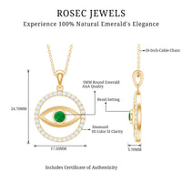 Real emerald and diamond evil eye pendant necklace from Rosec Jewels featuring a detailed gold pendant with vibrant emerald and sparkling diamonds.