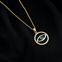 Real emerald and diamond evil eye pendant necklace by Rosec Jewels featuring vibrant green gemstones and sparkling diamonds.