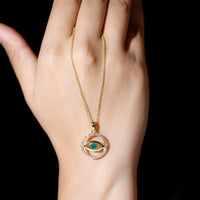 Real emerald and diamond evil eye pendant necklace by Rosec Jewels, featuring vibrant green emerald and sparkling diamonds.
