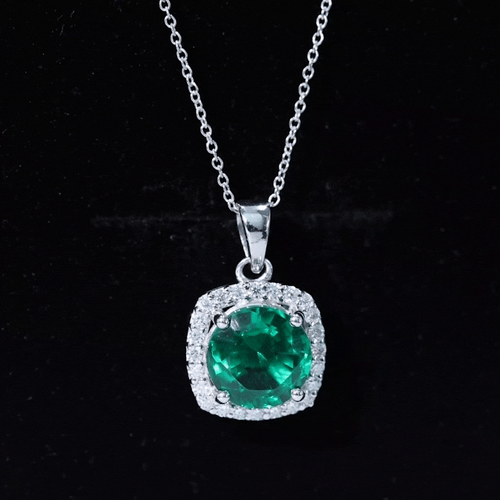 Round cut lab-created emerald and diamond bridal pendant necklace by Rosec Jewels featuring a 3.5 carat gemstone design.