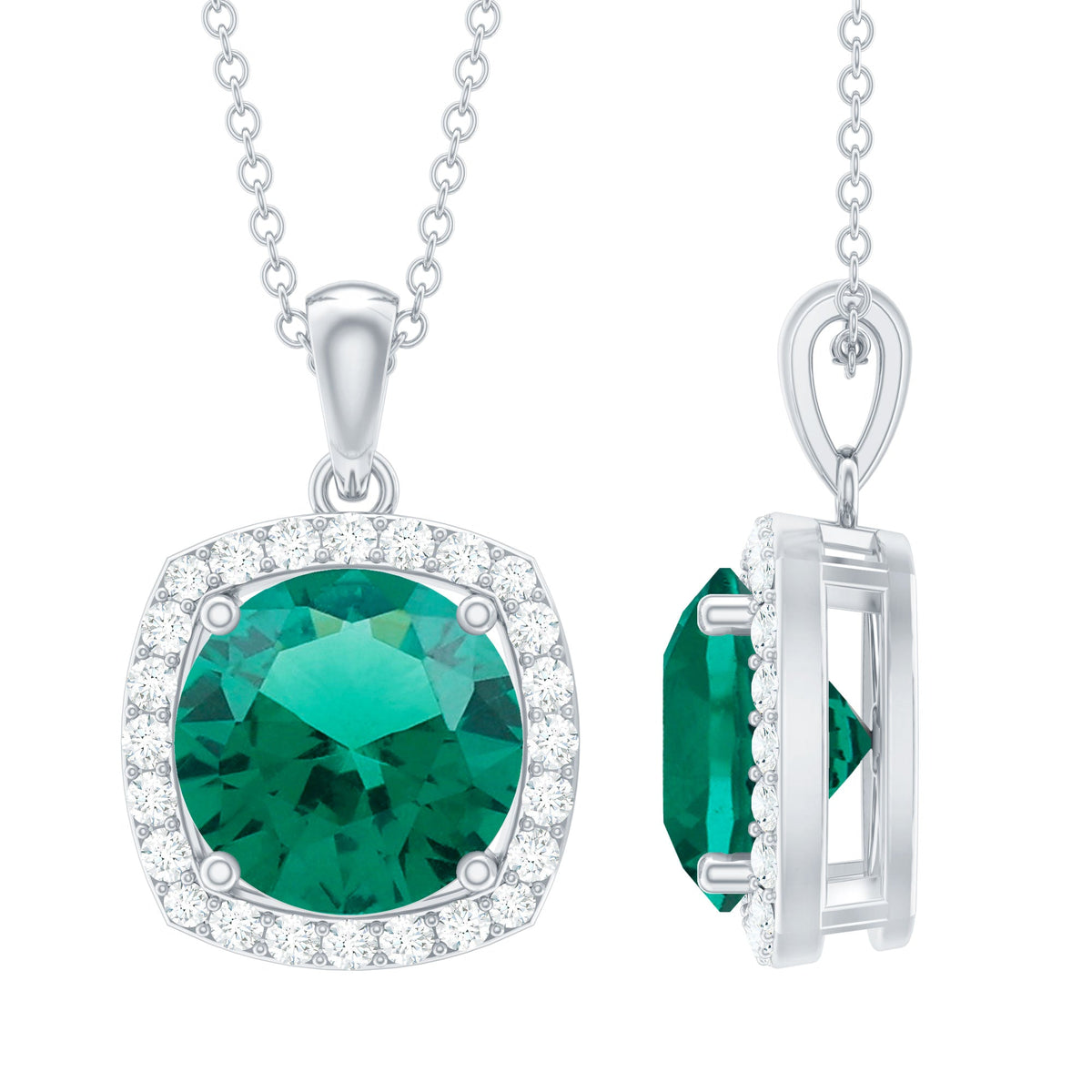 Round cut lab-created emerald and diamond bridal pendant necklace with 3.5 carats, featuring elegant design by Rosec Jewels.