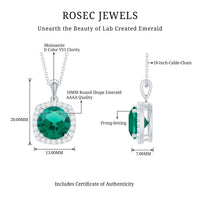 Round cut lab-created emerald and diamond bridal pendant necklace by Rosec Jewels featuring a 3.5-carat pendant with sparkling stones.