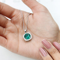 Round cut lab-created emerald and diamond pendant from Rosec Jewels featuring a 3.5 carat bridal necklace with elegant pendant design.