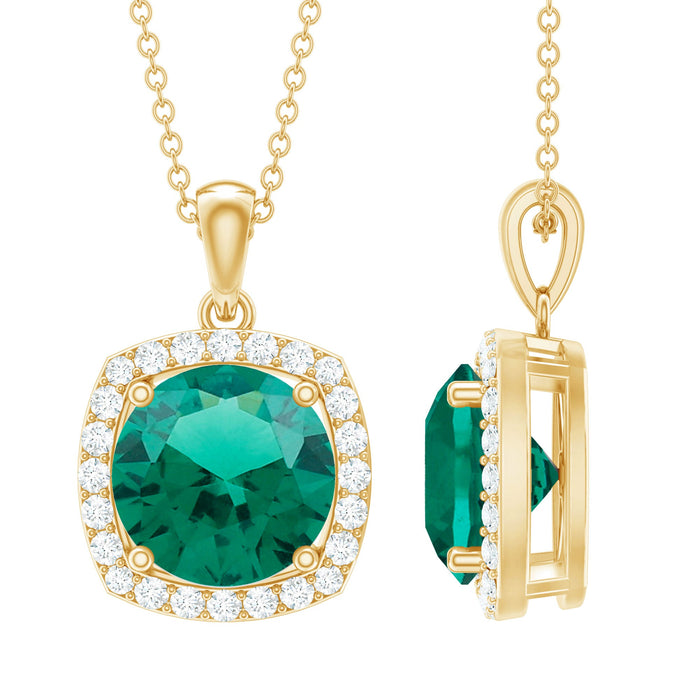 Round cut lab-created emerald and diamond pendant necklace with 3.5 carats, elegant bridal jewelry by Rosec Jewels.