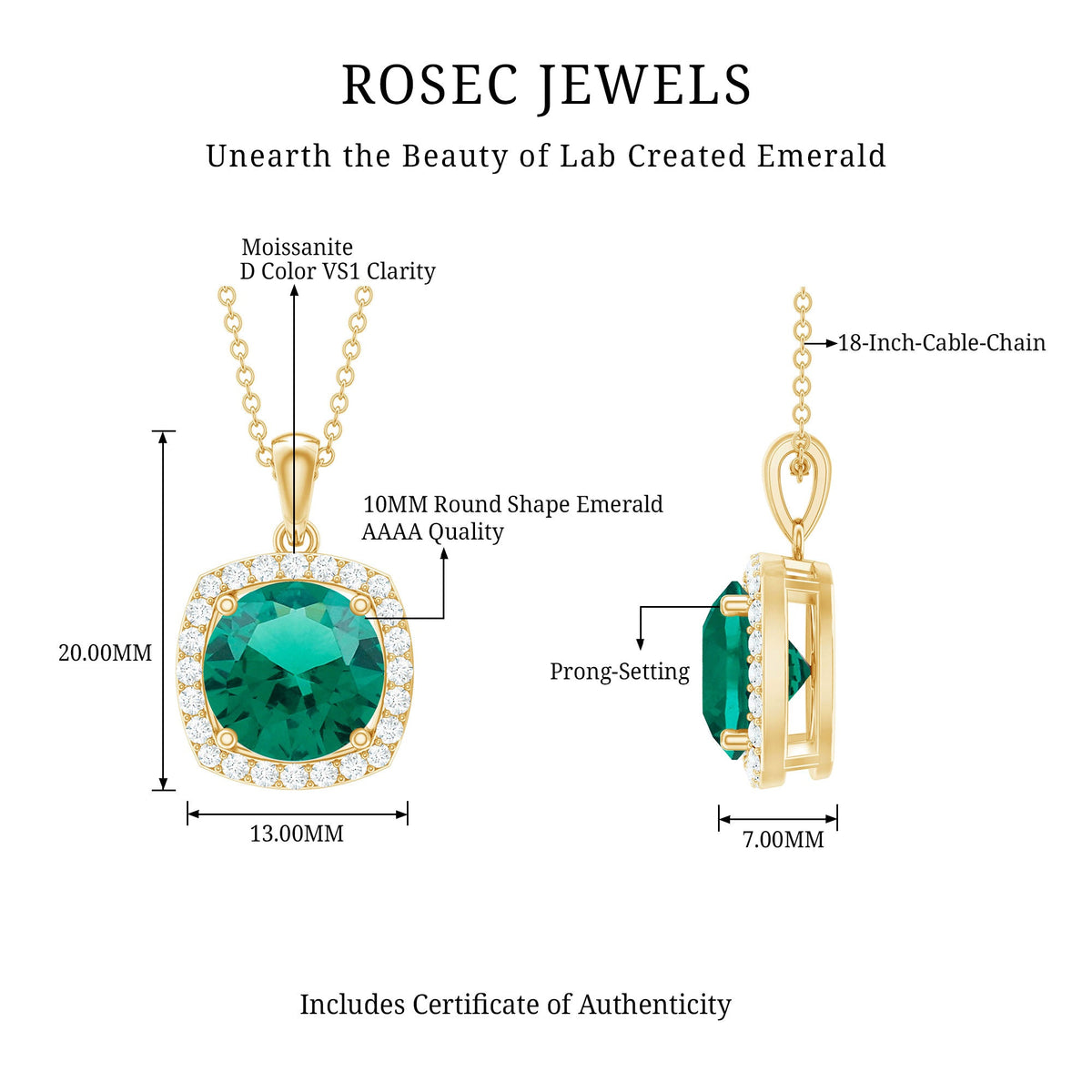 Rosec Jewels 3.5 carat round cut lab-created emerald and diamond pendant necklace, elegant bridal jewelry.