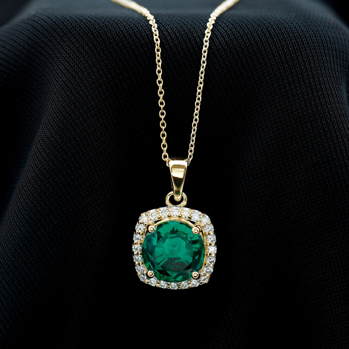 Round cut lab-created emerald and diamond bridal pendant necklace with 3.5 carats, featuring elegant design by Rosec Jewels.