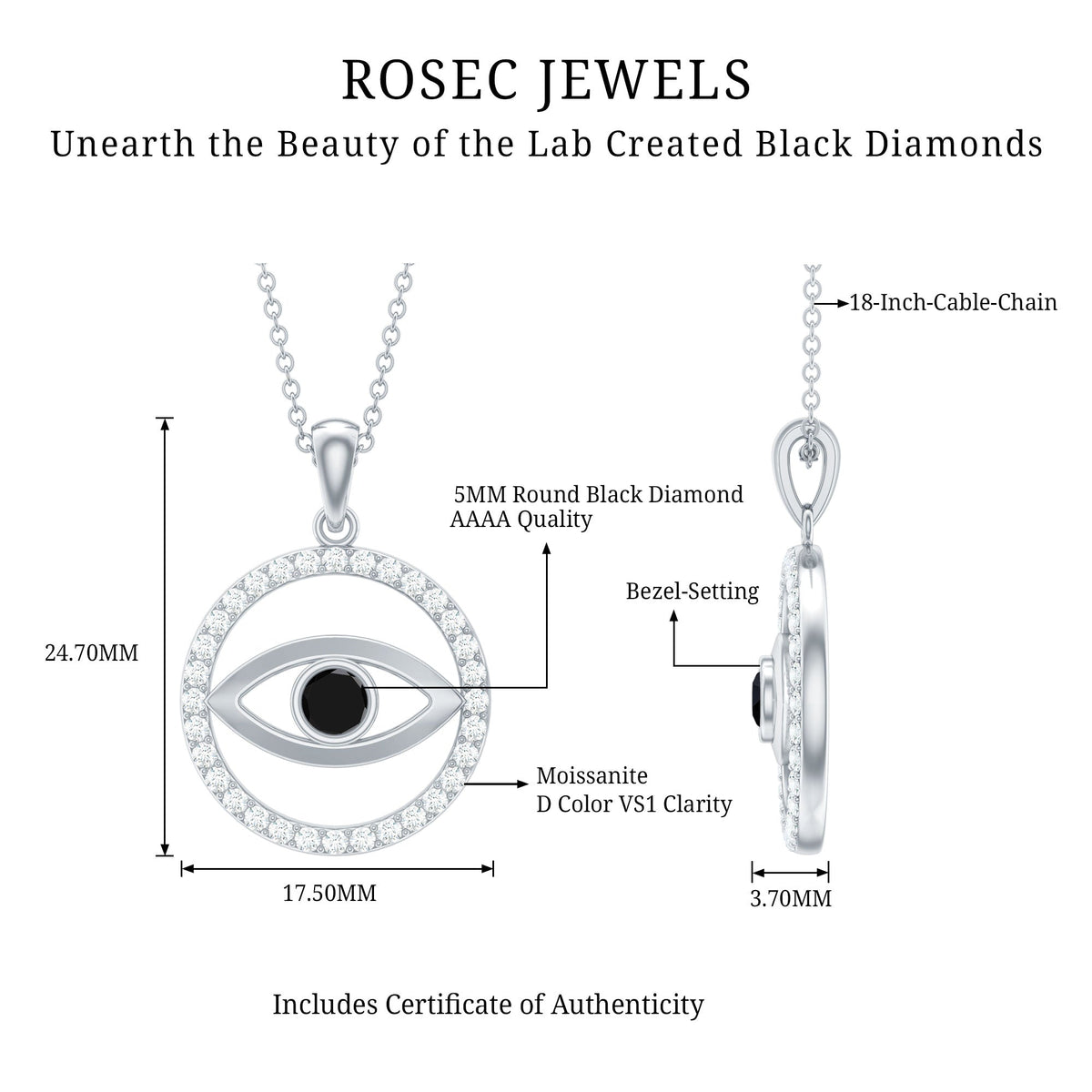 Lab-created black diamond evil eye pendant with moissanite, featuring a protective evil eye design by Rosec Jewels.