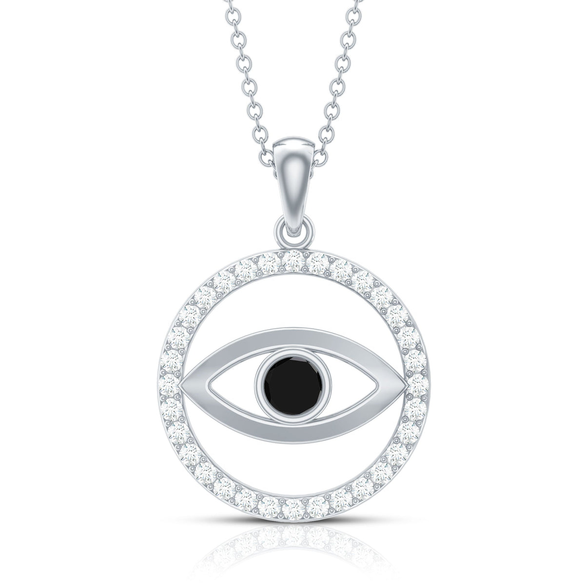 Lab created black diamond evil eye pendant with moissanite in a jewelry pendant necklace by Rosec Jewels.
