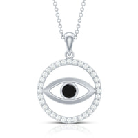 Lab created black diamond evil eye pendant with moissanite in a jewelry pendant necklace by Rosec Jewels.