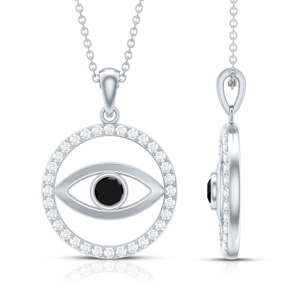 Lab-created black diamond evil eye pendant with moissanite from Rosec Jewels, featuring a detailed evil eye design.