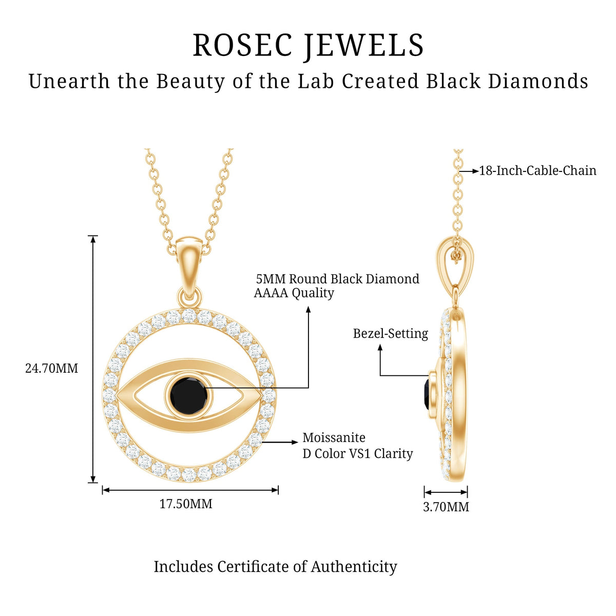 Lab-created black diamond evil eye pendant with moissanite by Rosec Jewels, featuring a detailed evil eye design.