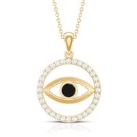 Lab created black diamond evil eye pendant with moissanite from Rosec Jewels, showcasing a striking jewelry design.