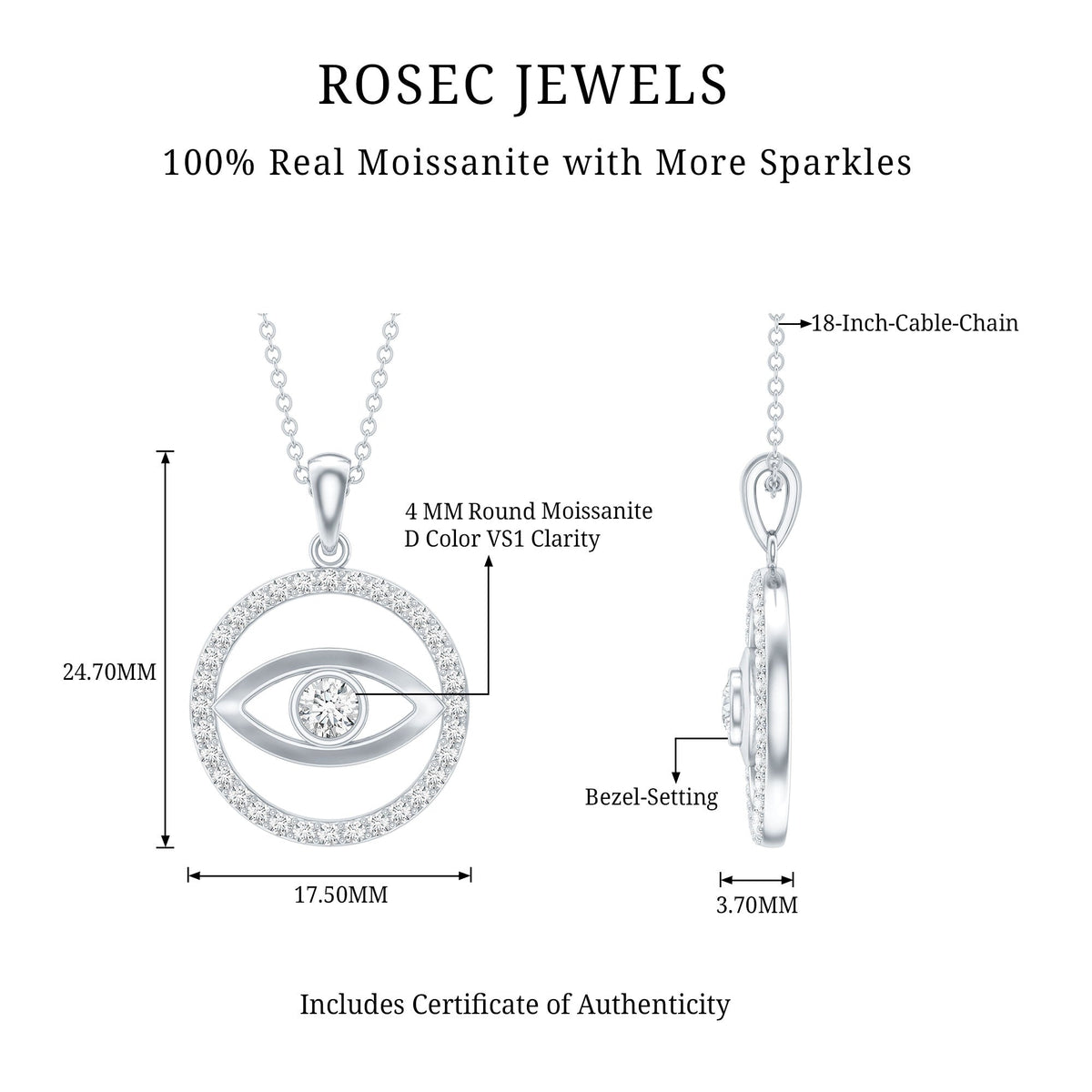 Certified Moissanite Evil Eye Pendant with Eternity from Rosec Jewels, featuring sparkling moissanite stones in a protective evil eye design.