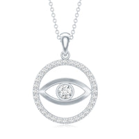 Certified moissanite evil eye pendant with eternity band from Rosec Jewels, featuring sparkling stones and intricate design.