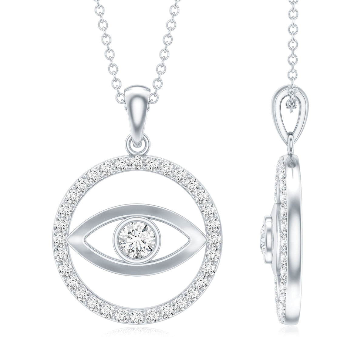 Rosec Jewels certified moissanite evil eye pendant with eternity design, featuring sparkling stones and intricate detailing.