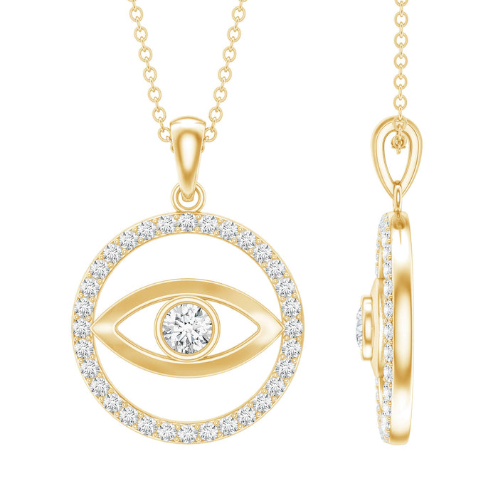 Certified Moissanite Evil Eye pendant with eternity band, showcasing sparkling gemstones and detailed craftsmanship.