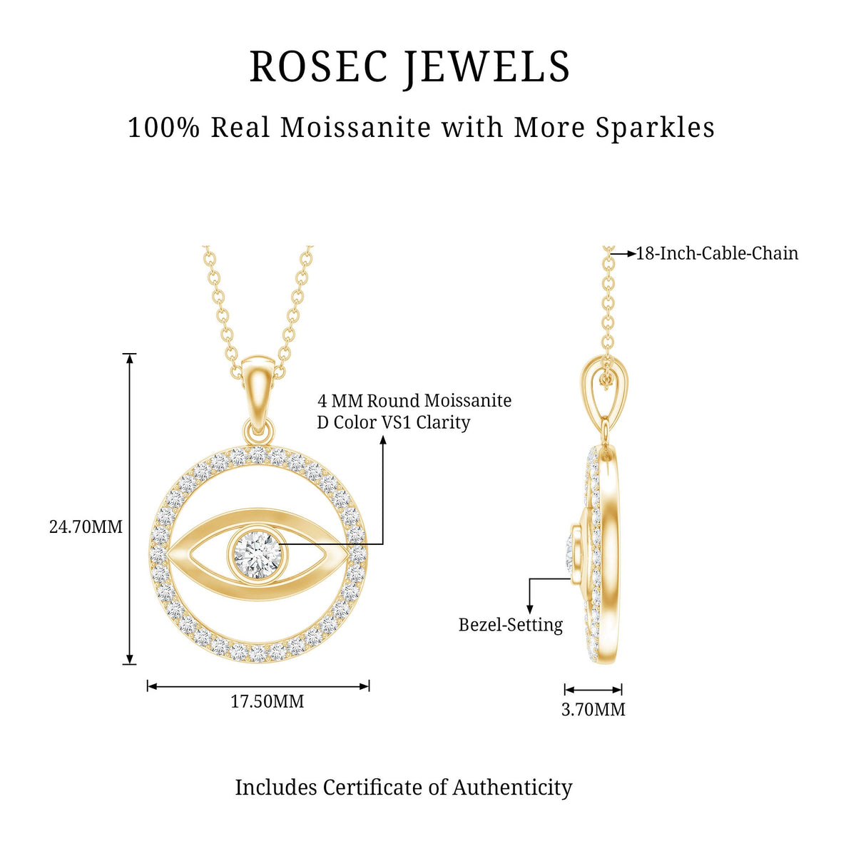 Certified Moissanite Evil Eye Pendant with Eternity chain from Rosec Jewels featuring sparkling moissanite stones and intricate design.