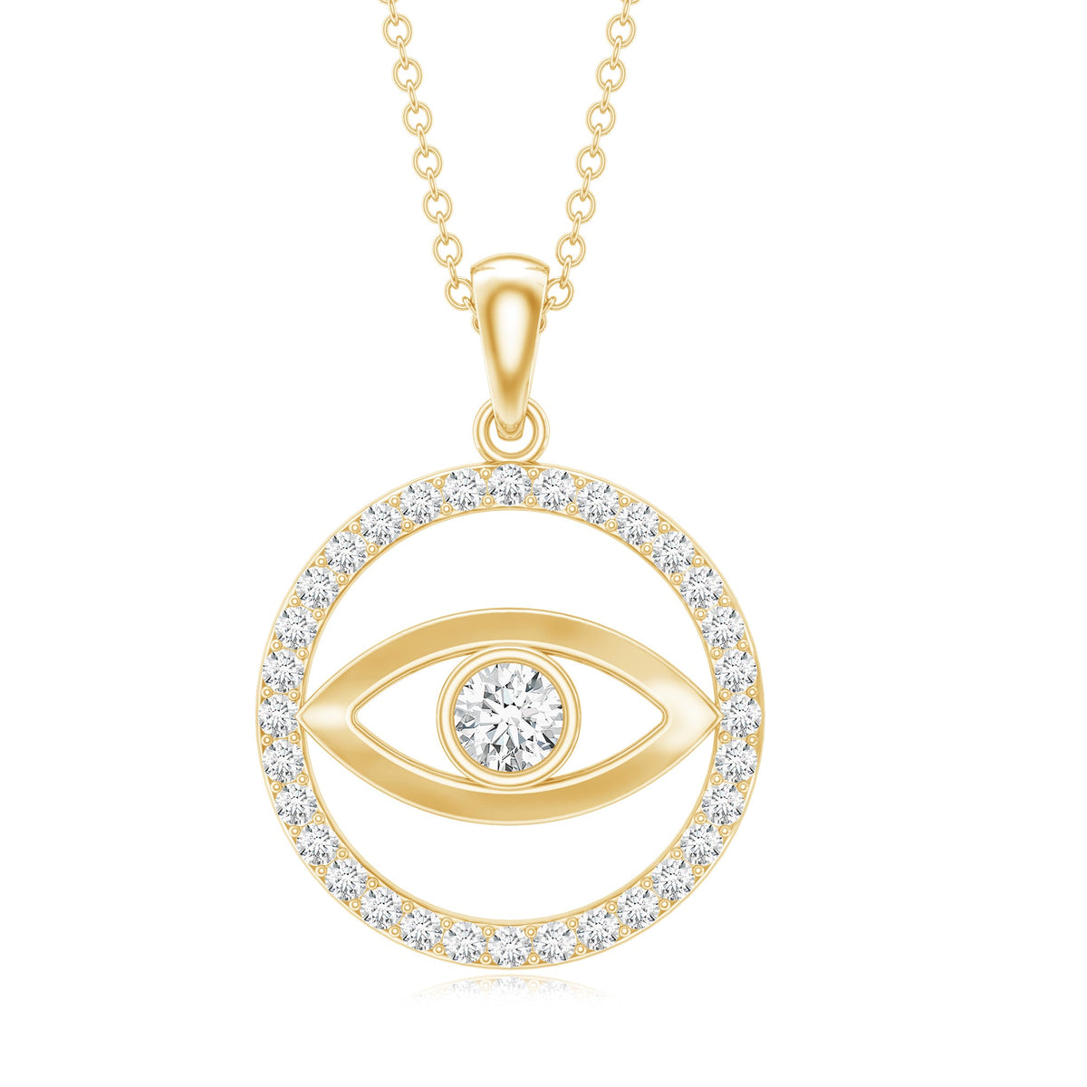 Certified Moissanite Evil Eye Pendant with Eternity band, featuring sparkling gemstones on a delicate pendant, by Rosec Jewels.