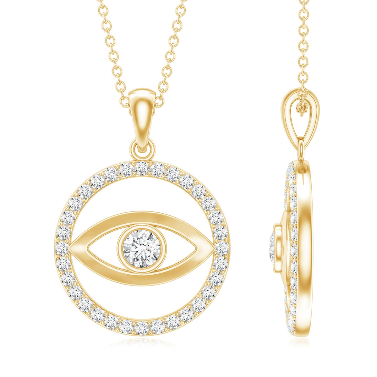 Certified Moissanite Evil Eye Pendant with Eternity band by Rosec Jewels, featuring sparkling moissanite stones and intricate design.