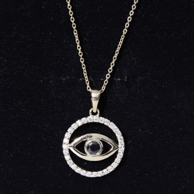 Black Onyx Evil Eye pendant with Moissanite eternity circle, featuring a detailed jewelry design by Rosec Jewels.