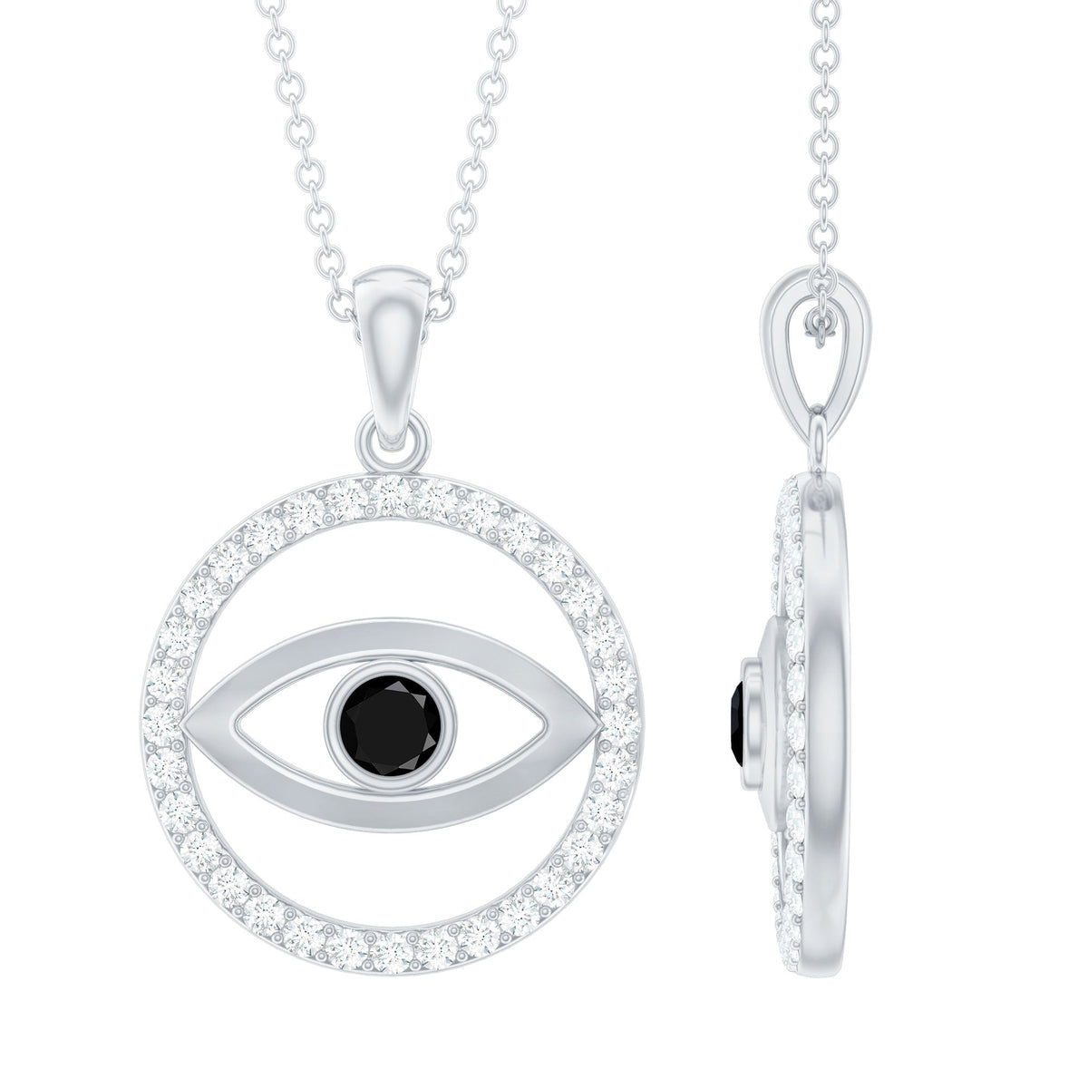Black Onyx Evil Eye pendant with moissanite eternity circle, featuring a protective evil eye design and sparkling gemstones.