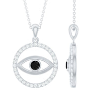 Black Onyx Evil Eye pendant with moissanite eternity circle, featuring a protective evil eye design and sparkling gemstones.