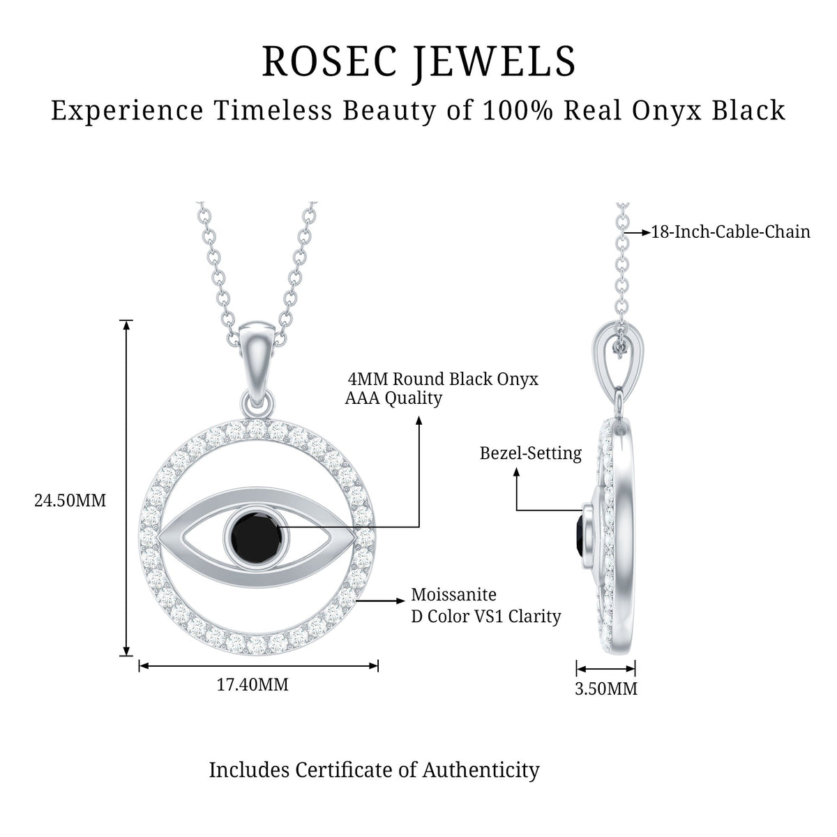 Black Onyx Evil Eye pendant with Moissanite eternity circle, featuring a protective evil eye design from Rosec Jewels.