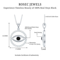 Black Onyx Evil Eye pendant with Moissanite eternity circle, featuring a protective evil eye design from Rosec Jewels.