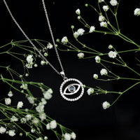 Black Onyx Evil Eye pendant with sparkling Moissanite eternity circle, featuring a protective design by Rosec Jewels.