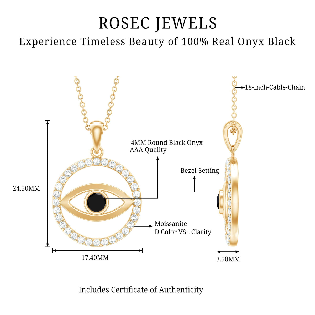 Black Onyx evil eye pendant with Moissanite eternity circle, featuring a protective charm and sparkling gemstones.