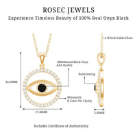 Black Onyx evil eye pendant with Moissanite eternity circle, featuring a protective charm and sparkling gemstones.