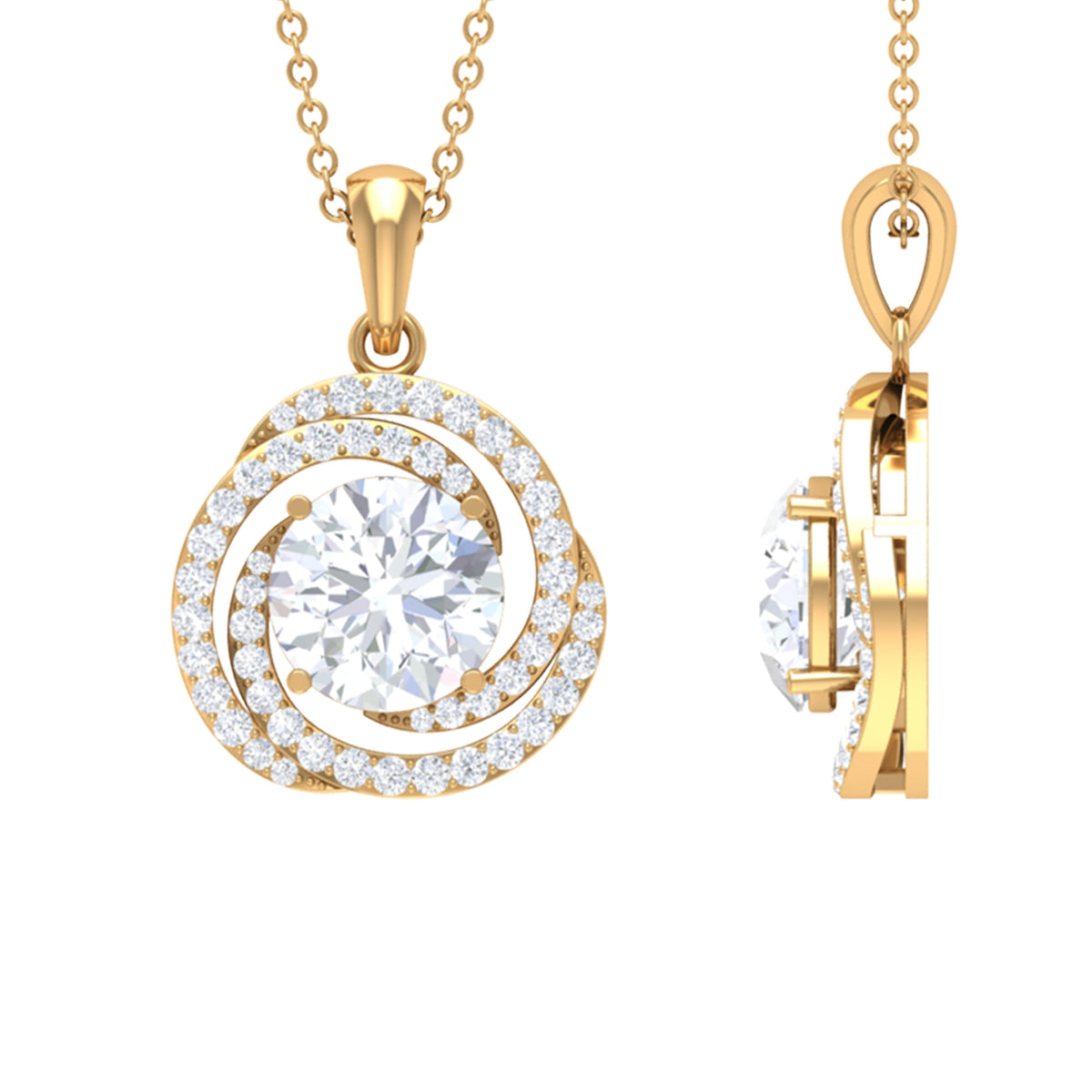 Certified 2 CT Moissanite swirl pendant necklace by Rosec Jewels featuring a sparkling gemstone design.