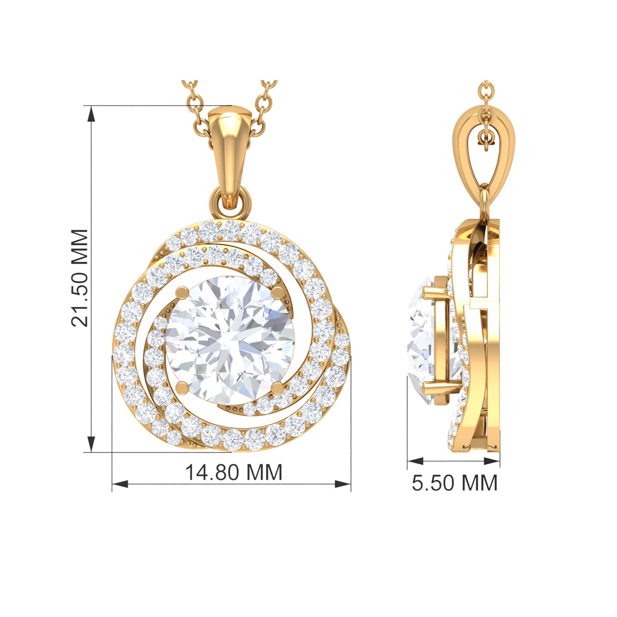 Certified Moissanite swirl pendant necklace by Rosec Jewels, featuring a sparkling 2-carat gemstone setting on a delicate chain.