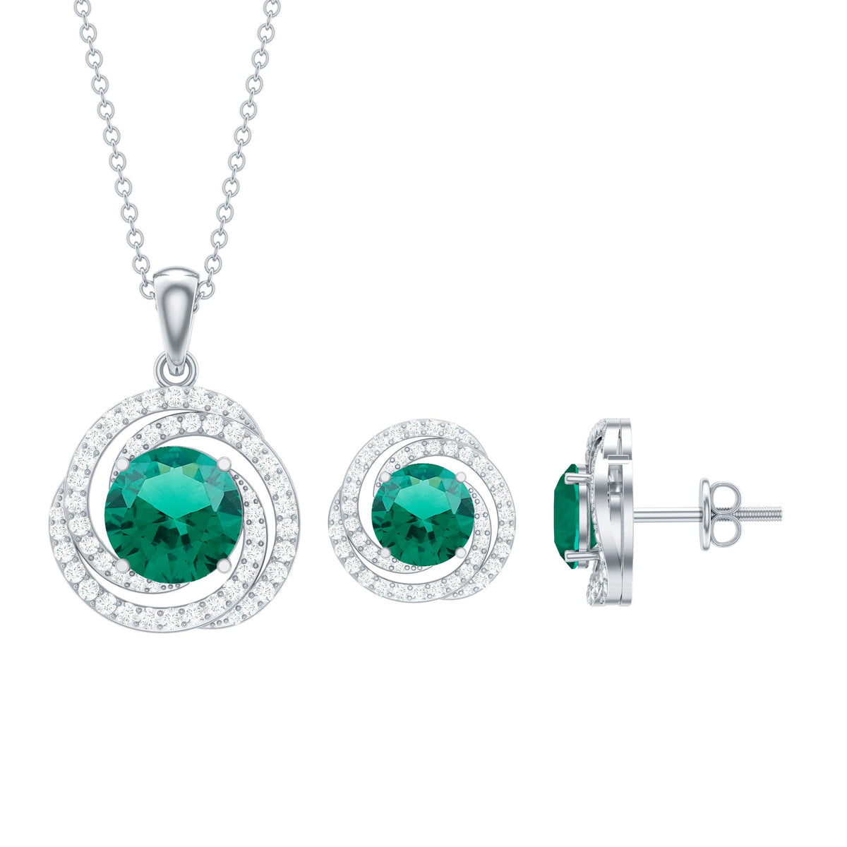 Lab-created emerald swirl necklace and earrings set with moissanite by Rosec Jewels, featuring green gemstone accents and elegant design.