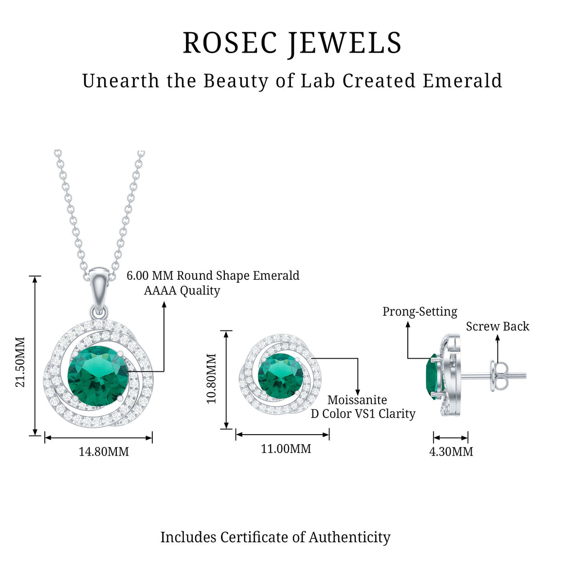 Lab-created emerald swirl necklace and earrings set with Moissanite from Rosec Jewels, featuring intricate green gemstone designs.