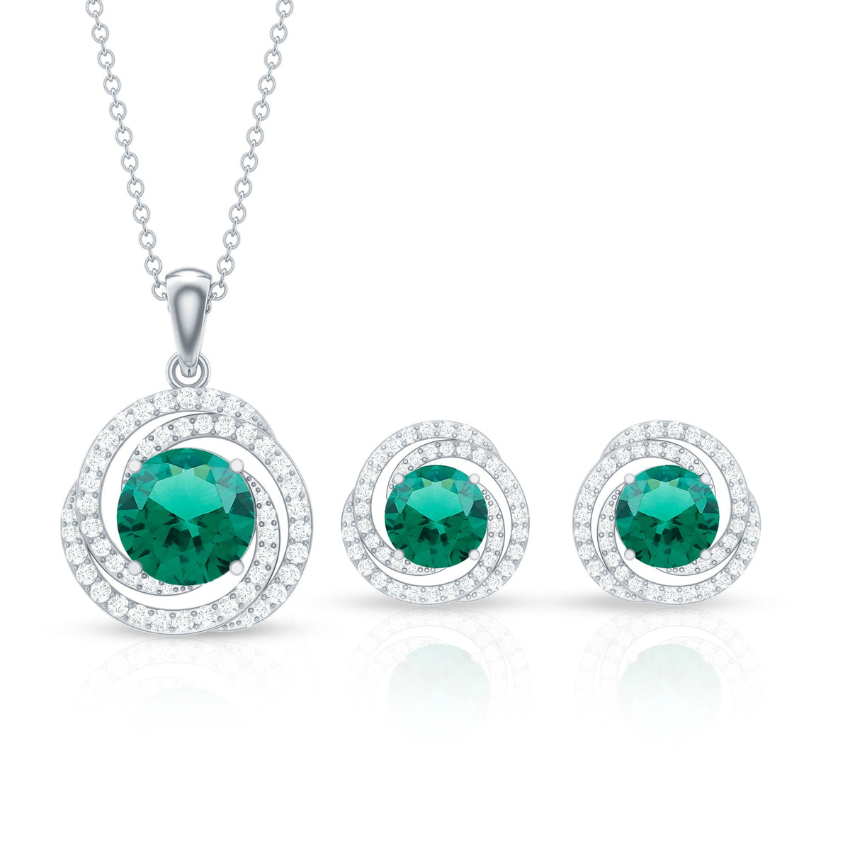Lab-created emerald swirl necklace and earrings jewelry set with moissanite stones by Rosec Jewels, featuring vibrant green accents.
