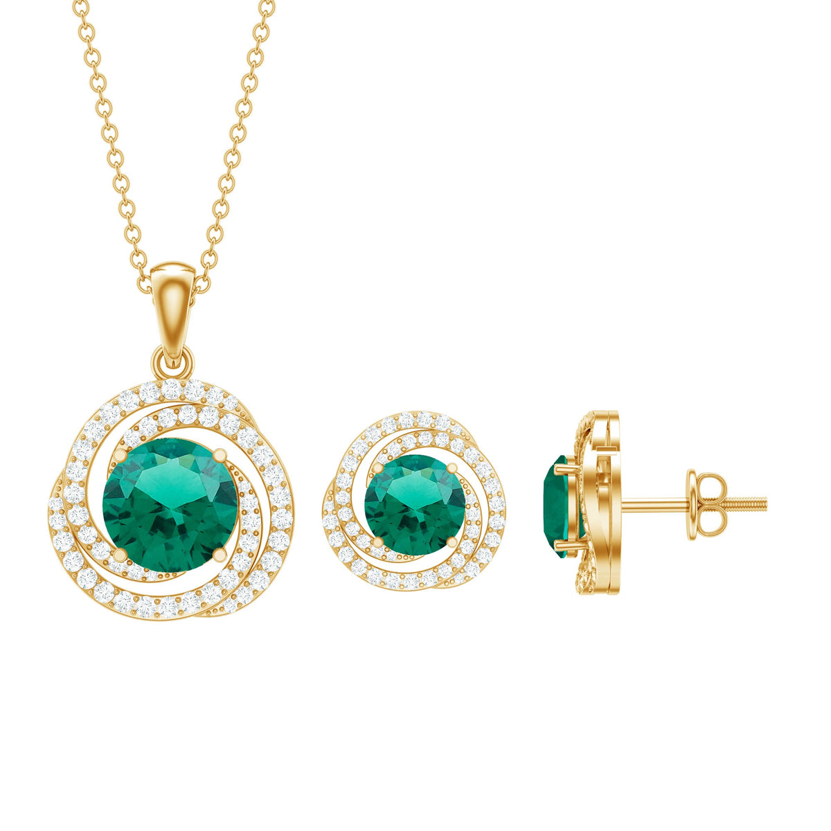 Lab created emerald swirl necklace and earrings set with moissanite from Rosec Jewels, featuring vibrant green stones and elegant design.