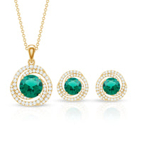 Lab-created emerald swirl necklace and earrings jewelry set with moissanite from Rosec Jewels, featuring vibrant green stones.