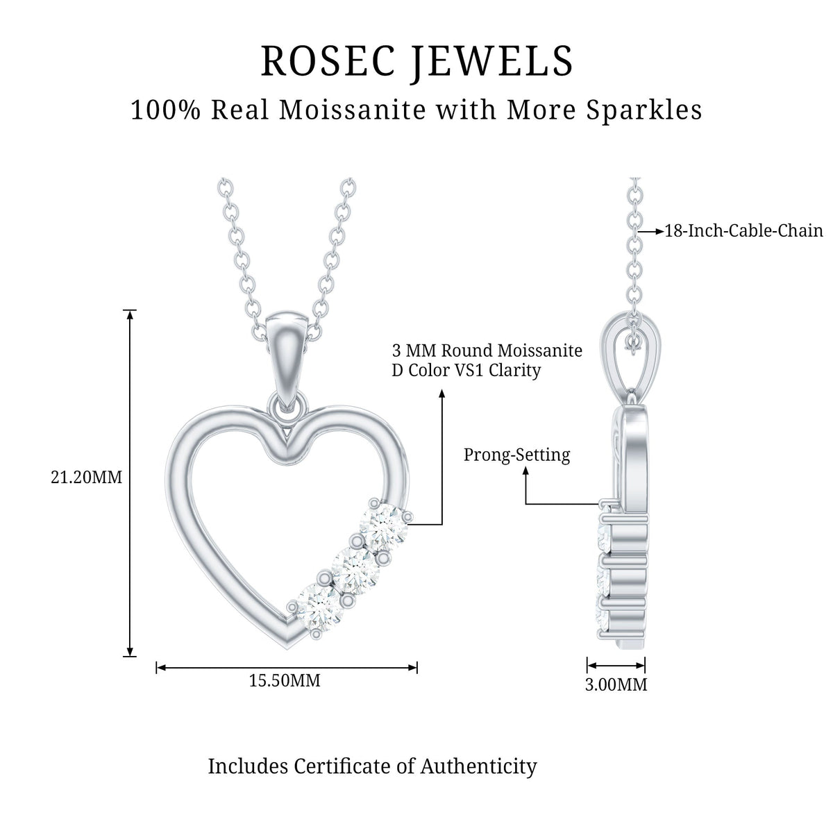 Simple moissanite open heart pendant necklace by Rosec Jewels featuring a sparkling heart-shaped gemstone on a delicate chain.