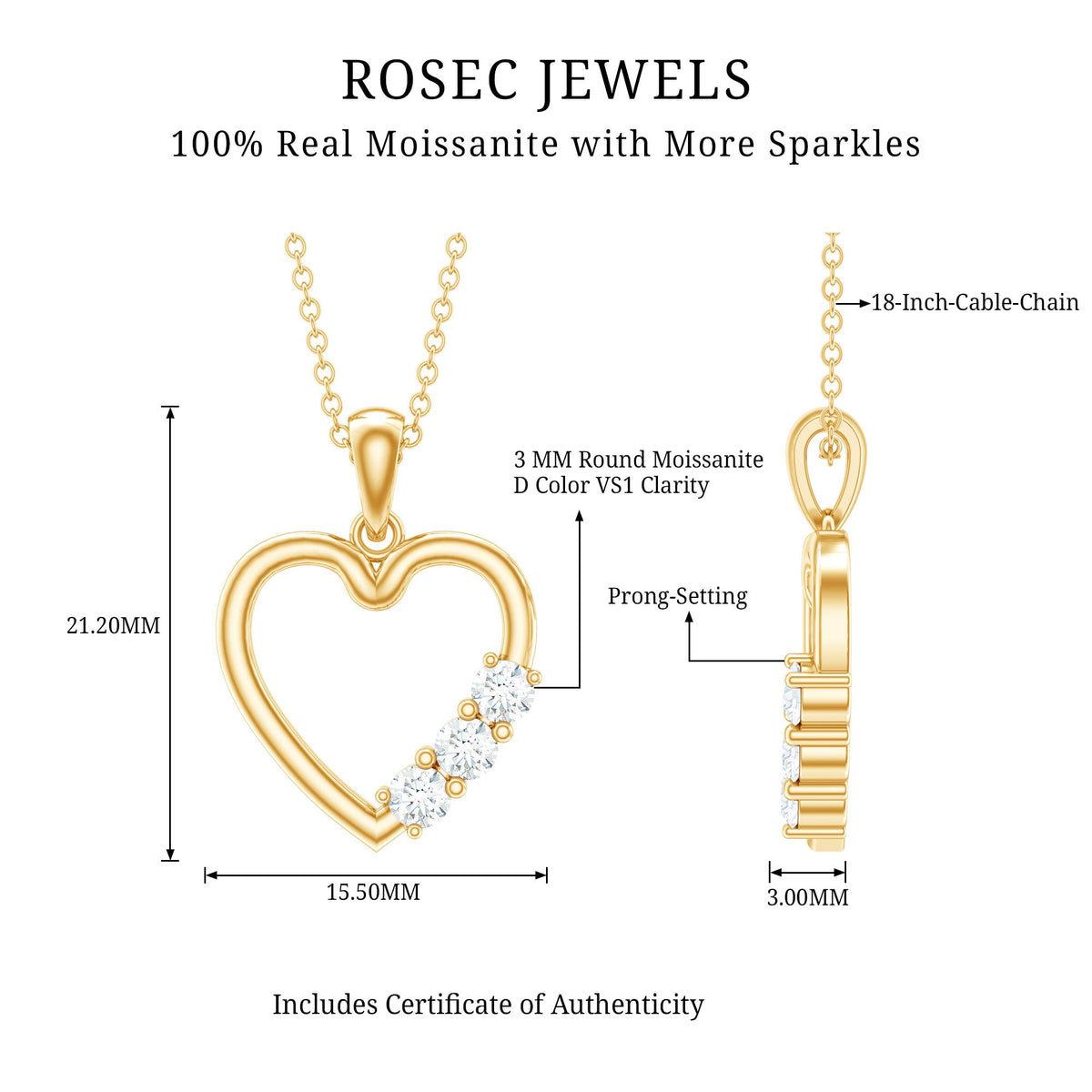 Simple moissanite open heart pendant necklace by Rosec Jewels featuring a sparkling heart-shaped pendant on a delicate chain.